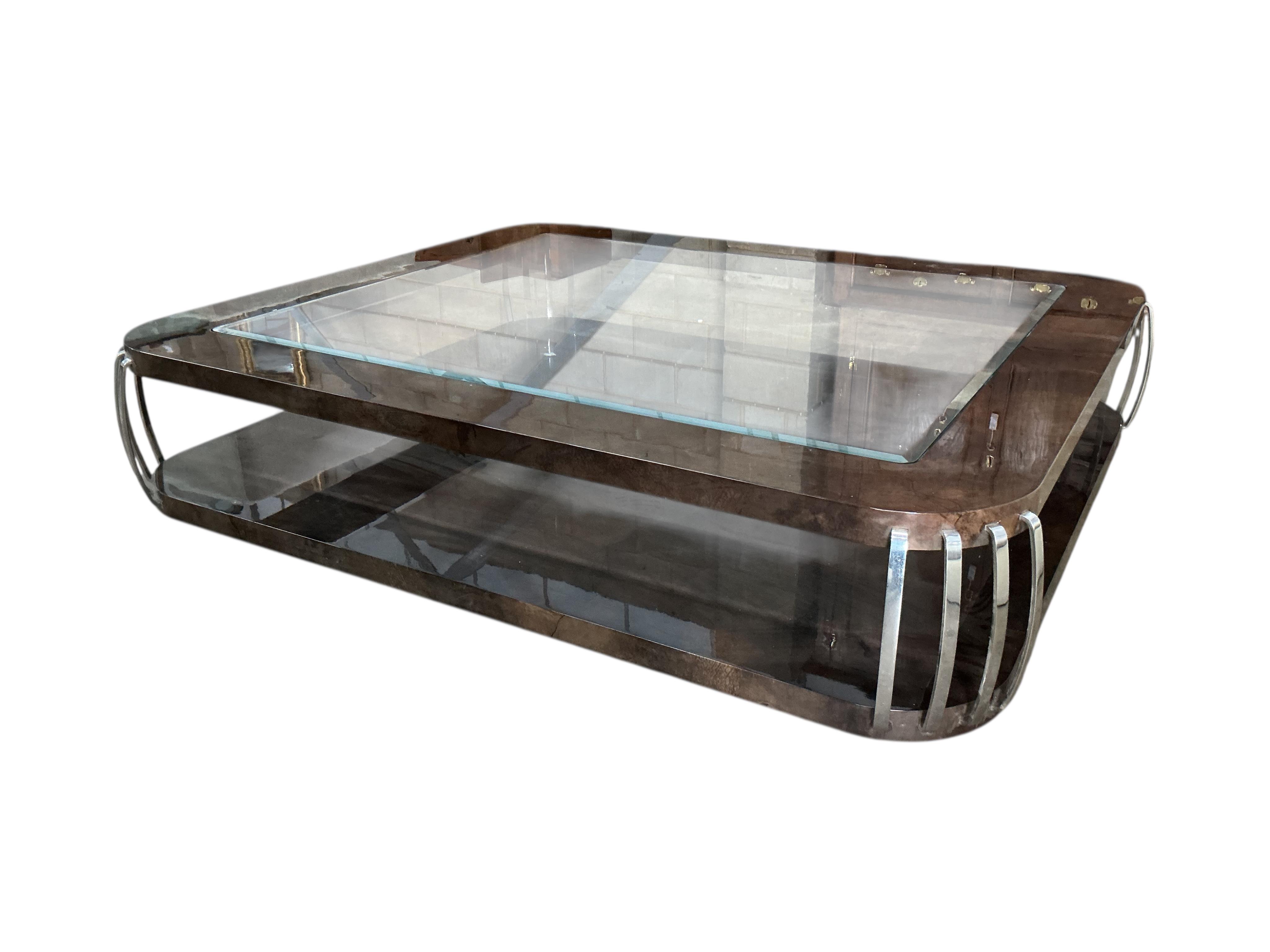 Sally Sirkin Lewis for J Robert Scott, a large rectangular Art Deco style lacquer and chrome coffee table, width 220cm, depth 190cm, height 37cm